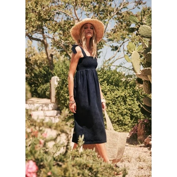 Sezane Dresses & Skirts - SEZANE kathy indigo blue tie shoulder smocked sleeveless dress FR34/US2